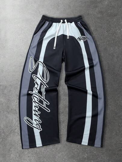 Street Life Pantalón de chándal de pierna recta con estampado en inglés de estilo callejero y parches de colores contrastantes, informal para otoño/invierno, unisex