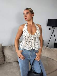 Bethéva 波尔卡圆点V领挂脖女式背心，优雅春夏风格 - 杏色 - 查看 5