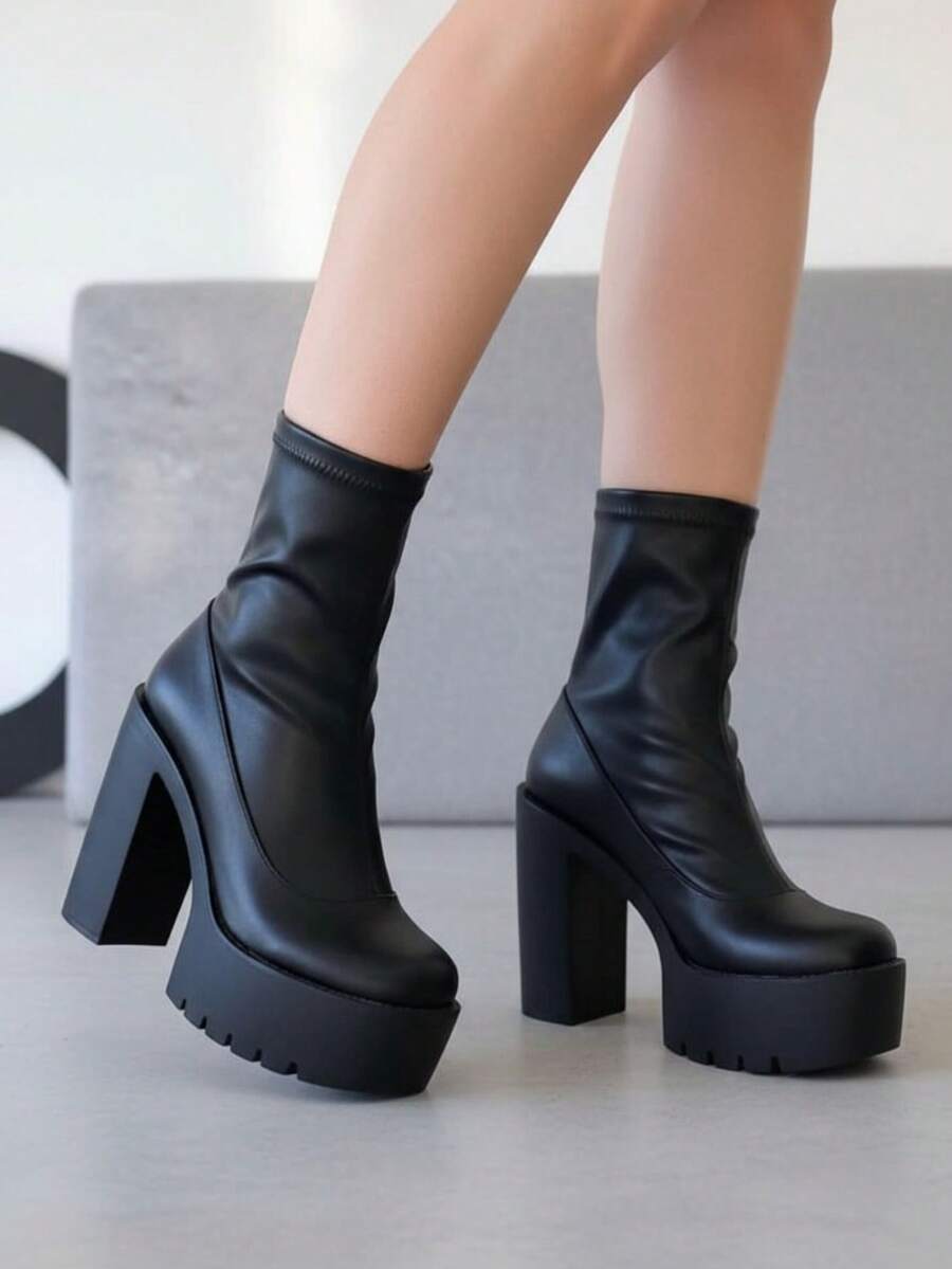 Botines para mujer con plataforma alta, punta cuadrada, tacón grueso, cremallera, estilo europeo, perfectos para fiestas - Negro - Ver 1