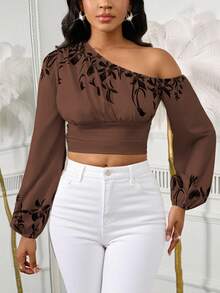 SHEIN Unity 女士时尚斜肩灯笼袖松紧袖口收腰上衣，度假花卉印花休闲通勤装 - 彩色 - 查看 3