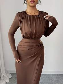 SHEIN Elenzya Rochie de damă tricotată, cu talie strânsă, cu decor metalic, mulată, elegantă, de zi cu zi, pentru naveta, stil francez, vintage, versatilă, pentru petreceri de Crăciun, de Anul Nou, pentru afaceri, maro, cu mânecă lungă, toamnă/iarnă - Maro - Vizualizare 6