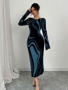 Elenzga 女式拼色圆领喇叭袖紧身腰针织连衣裙 - 藍色 - 查看 3