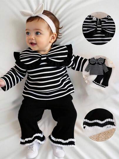 SHEIN Newborn Baby Girls' Casual Cute Ribbed Butterfly Collar Long Sleeve Top And Black Ribbed Flare Pants Set