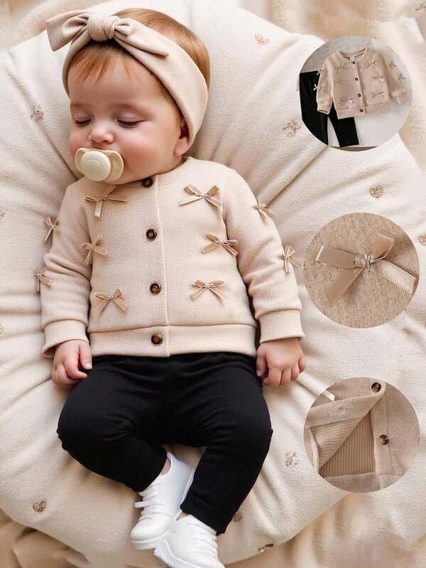 SHEIN Newborn Casual Knitted Bow Jacket And Solid Color Pants Set, Autumn/Winter Baby Set Autumn Winter Season