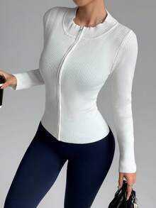 SHEIN Dewbera 女士纯色简约日常长袖修身立领毛衣 - 白色 - 查看 4