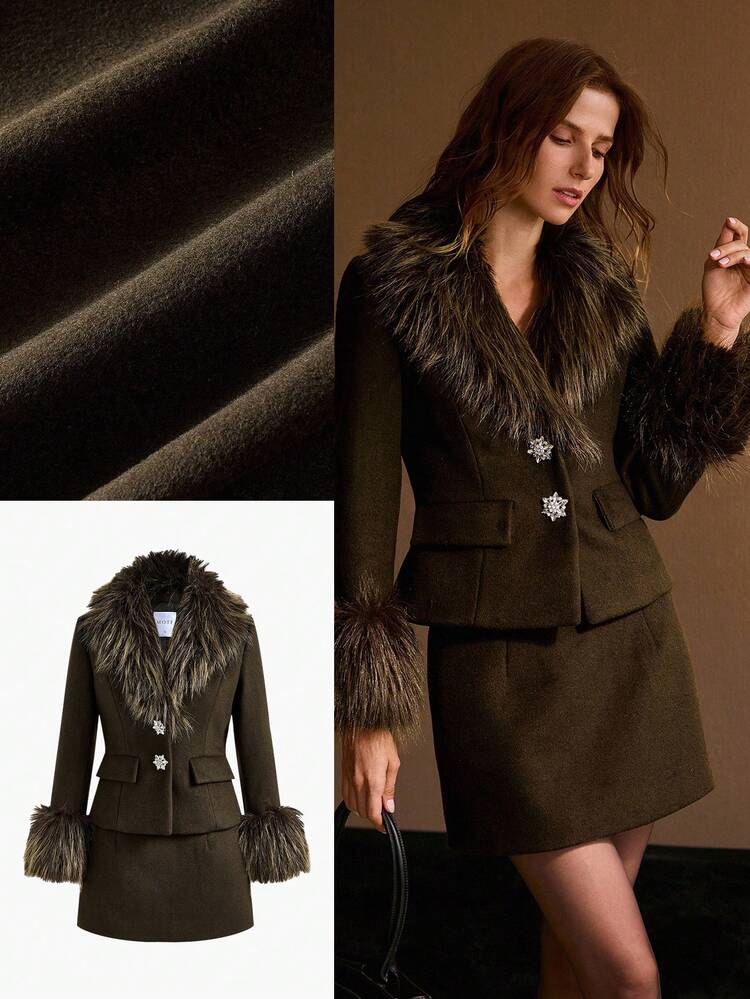 WOMEN WOOL BLEND FAUX FUR TRIM JACKET & SKIRT SET