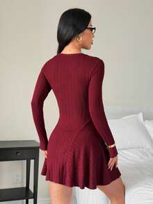 SHEIN PETITE Women's Elegant Burgundy Solid Round Neck Ribbed Long Sleeve Mini Dress,Autumn Casual Dining Outfit,New Year Party,Christmas & Valentine's Day Dresses ,Petite Women - Burgundy - View 2