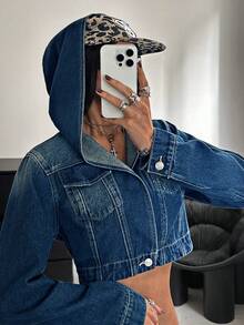 StreetHx Chaqueta vaquera con capucha de manga larga y corta casual para mujer - Azul - Ver 4