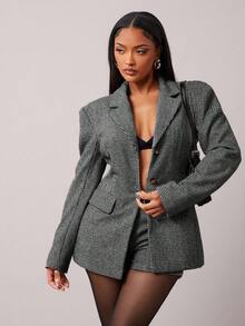 Radiana 女士复古时尚通勤棕色格纹羊毛套装，包含修身西装外套和低腰短裤（带垫肩），秋冬两件套 - 黑與白 - 查看 5