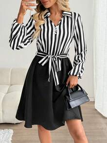 SHEIN LUNE Women's Black And White Striped Patchwork Long Sleeve Waist Cinched Dress,Autumn Elegant Office Outfits,Business Casual Dress Shirt Fall Clothes - Multicolor - View 8