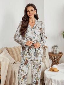 Serenescape 女士热带花卉印花翻领纽扣长袖上衣和裤子睡衣套装，冬季服装 - 彩色 - 查看 6