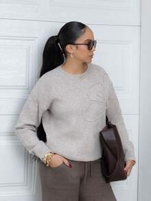 Melissa Matos Women Crew Neck Floral Pattern Solid Color Pullover Sweater Knit Pullover Fall Winter Outfit - Khaki - View 3