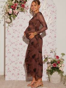 Loomaby Pregnant Women's Tie-Dye Print Round Neck Long Sleeve Ruched Fitted Elegant Dress Brown Maternity Dress Pregnant Dress Long Brown Dress Pregnancy Photoshoot Dress Brown Elegant Dress Women  Dress Gender Reveal Dress Maternity Dress Baby Shower Dress Maternity Long Dress - Brown - View 7