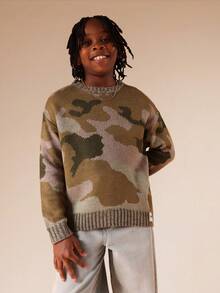 SUMWON Chunky Knit Crew Neck Sweater With Camouflage Pattern Long Sleeve Pullover For Fall Winter - Army Green - View 1