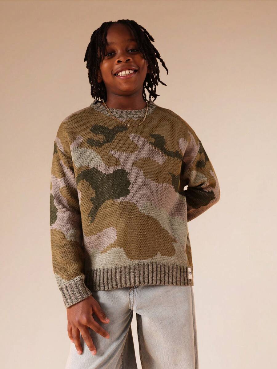 SUMWON Chunky Knit Crew Neck Sweater With Camouflage Pattern Long Sleeve Pullover For Fall Winter - Army Green - View 1