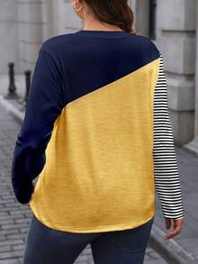 EMERY ROSE Plus Size Women Striped Colorblock Print T-Shirt, Autumn/Winter Round Neck Button Decor Long Sleeve Tee - Multicolor - View 2