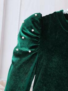 Sparklyn Váy chữ A cổ chữ V tay dài đính ngọc trai giả cho bé gái, thích hợp cho các bữa tiệc và sự kiện, mùa xuân/thu - màu xanh lá - Xem 7