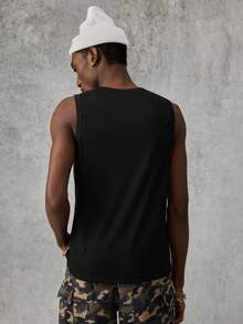 AXEPEAK Men's Letter Print Loose Round Neck Tank Top - Black - View 2