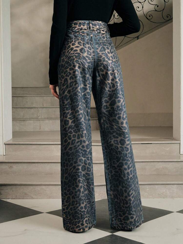 Leopard Print Straight Leg Jeans For Women, Street Style Fashion, Suitable For Spring, Summer, Fall, Festivals, Holidays, Vacations, Elegant, Business Casual, Chic