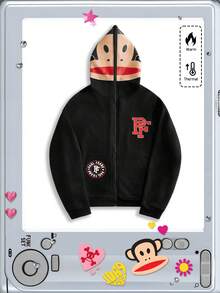 ROMWE MEN Paul Frank X ROMWE 男式字母和卡通图案拉链连帽卫衣，秋冬 - 黑色 - 查看 1