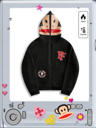 Paul Frank X ROMWE Men's Letter & Cartoon Graphic Zip-Up Hoodie Sweatshirt , Fall Winter