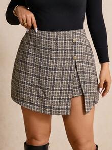Elaquor Plus Size Women Plaid Button Design Split Hem Elegant Skort Spring - Camel - View 2