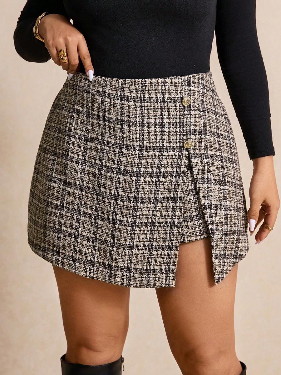 Elaquor Plus Size Women Plaid Button Design Split Hem Elegant Skort Spring