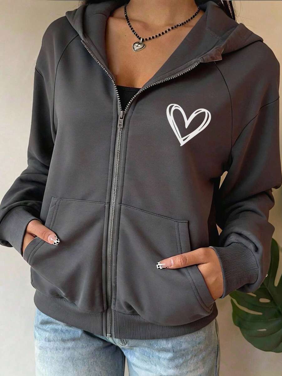 SHEIN Tween Girls Casual Loose Fit Hooded Knit Jacket With Heart Print, Zipper Pockets, Comfortable & Versatile, Autumn/Winter - Dark Grey - View 1