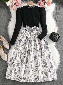 SHEIN 少女珍珠泡泡袖碎花连衣裙 - 黑色 - 查看 1