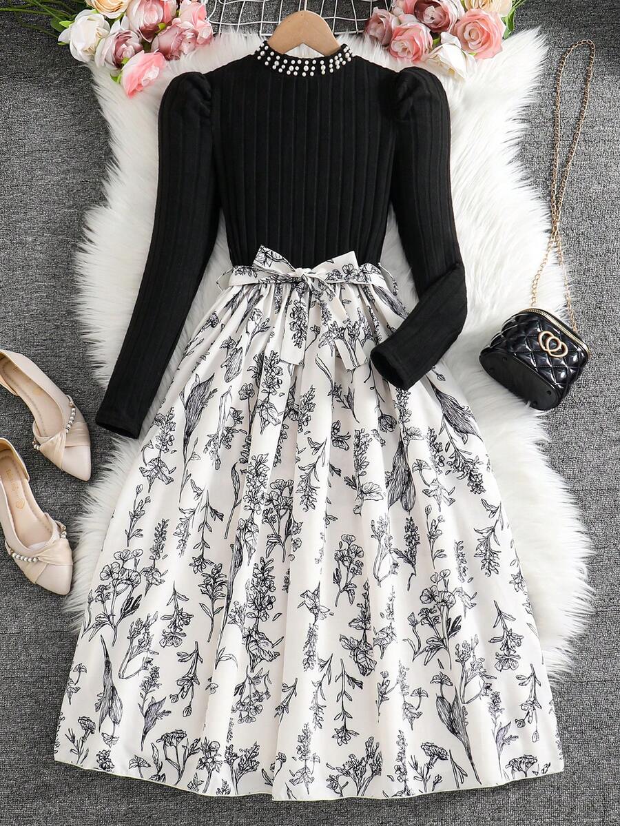 SHEIN 少女珍珠泡泡袖碎花连衣裙 - 黑色 - 查看 1