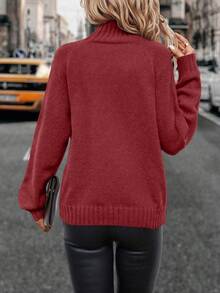 SHEIN 女式纯色高领插肩袖休闲宽松套头衫，秋冬 - 酒紅色 - 查看 2