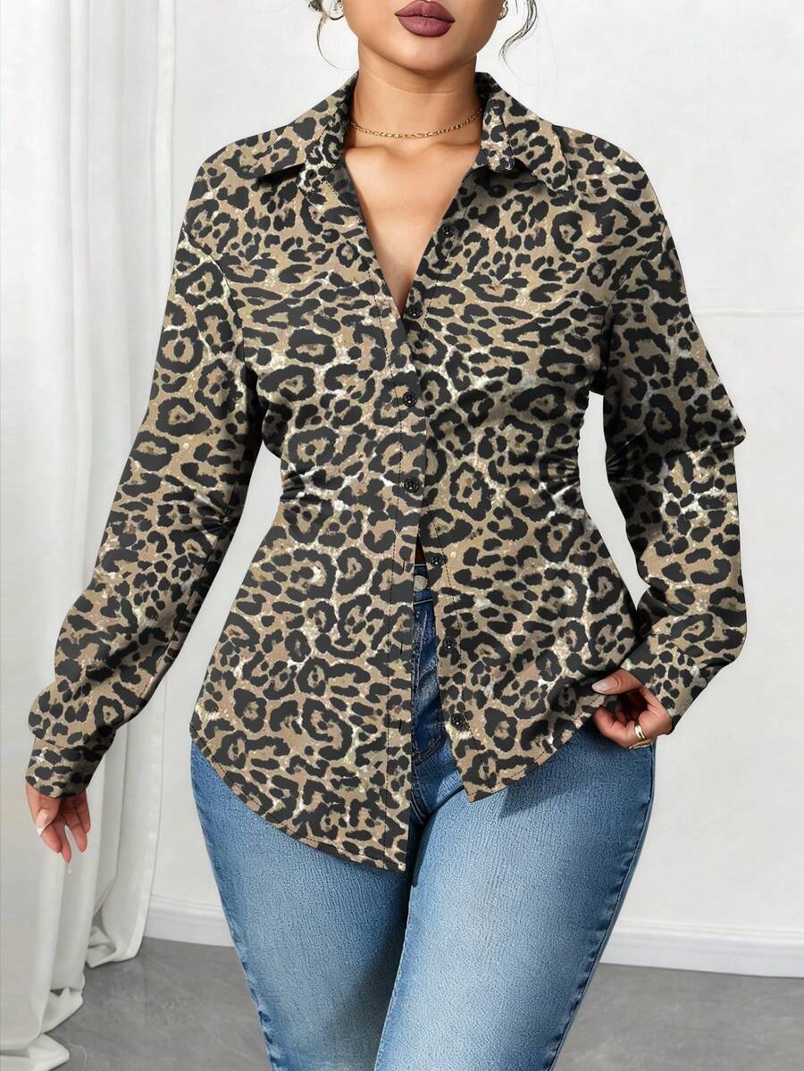 Elenzga Plus Size Women Casual Cinched Waist Long Sleeve Loose Blouse - Multicolor - View 1