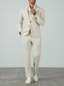 Manfinity Bizformal 男士纯色翻领长袖夹克和裤子休闲西装套装 - 杏色 - 查看 5