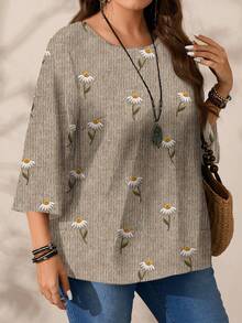 EMERY ROSE Áo sơ mi cổ tròn tay 3/4 in họa tiết hoa cúc 3D cổ điển cỡ lớn, phù hợp cho mùa thu/đông - Nhiều màu - Xem 6