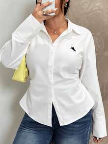 SHEIN EZwear Áo cánh trắng thêu xếp ly tay dài cỡ lớn cho nữ - trắng - Xem 3