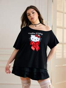 HELLO KITTY AND FRIENDS | SHEIN Áo thun nữ dáng rộng in họa tiết hoạt hình dễ thương, cổ áo bất đối xứng, màu tương phản, thoải mái khi đi làm, mặc mùa hè, size lớn - màu đen - Xem 1