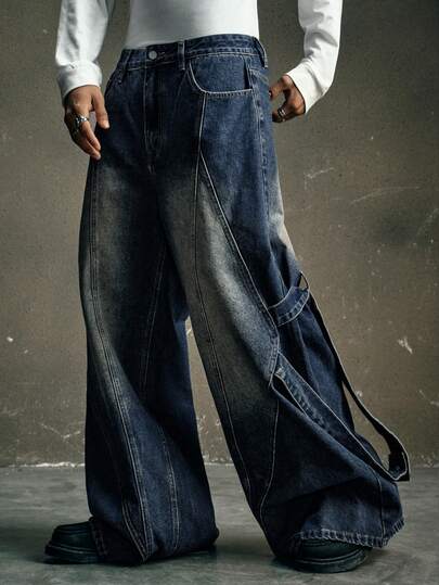 AXEPEAK Men's Pocket Loose Wide Leg Retro Casual Jeans