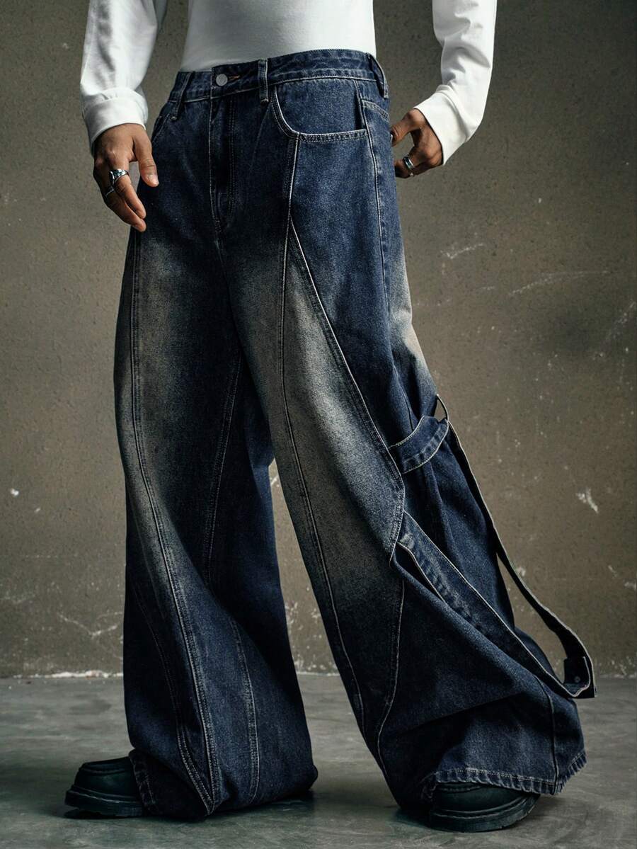 AXEPEAK Men's Pocket Loose Wide Leg Retro Casual Jeans - Blue - View 1