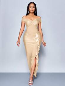 SOLERSUN Mùa hè Thu Quần áo dự tiệc cho nữ màu đỏ tía hở vai tay ngắn giữa ngực trước thắt nút hai bên xẻ tà phía trước xếp nếp viền váy dài - Màu Khaki - Xem 5