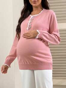 SHEIN Maternity Loose Fit Crew Neck Long Sleeve Sweater With Lace & Rhinestone Trim - Pink - View 1