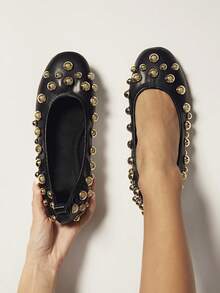 SHUZIA Women's Fashionable Rivets Decorated Flats–Super Comfort And Sophisticated Punk Style - Black - View 2
