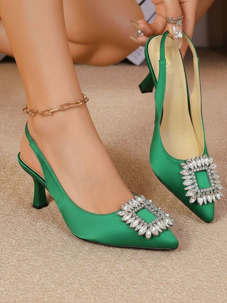 Zapato Mujer Pedrería Elegante Punta Cerrada Slingback Tacón Medio Estilo Formal Fiesta Primavera-Verano Salón - Verde - Ver 1