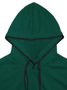 GlowEve 女士休闲日常通勤简约撞色滚边抽绳卫衣，春秋季 - 墨綠色 - 查看 3