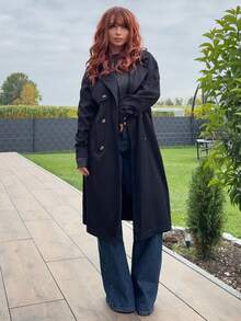 Jeta Ari 女士时尚休闲双排扣系带风衣 - 黑色 - 查看 1