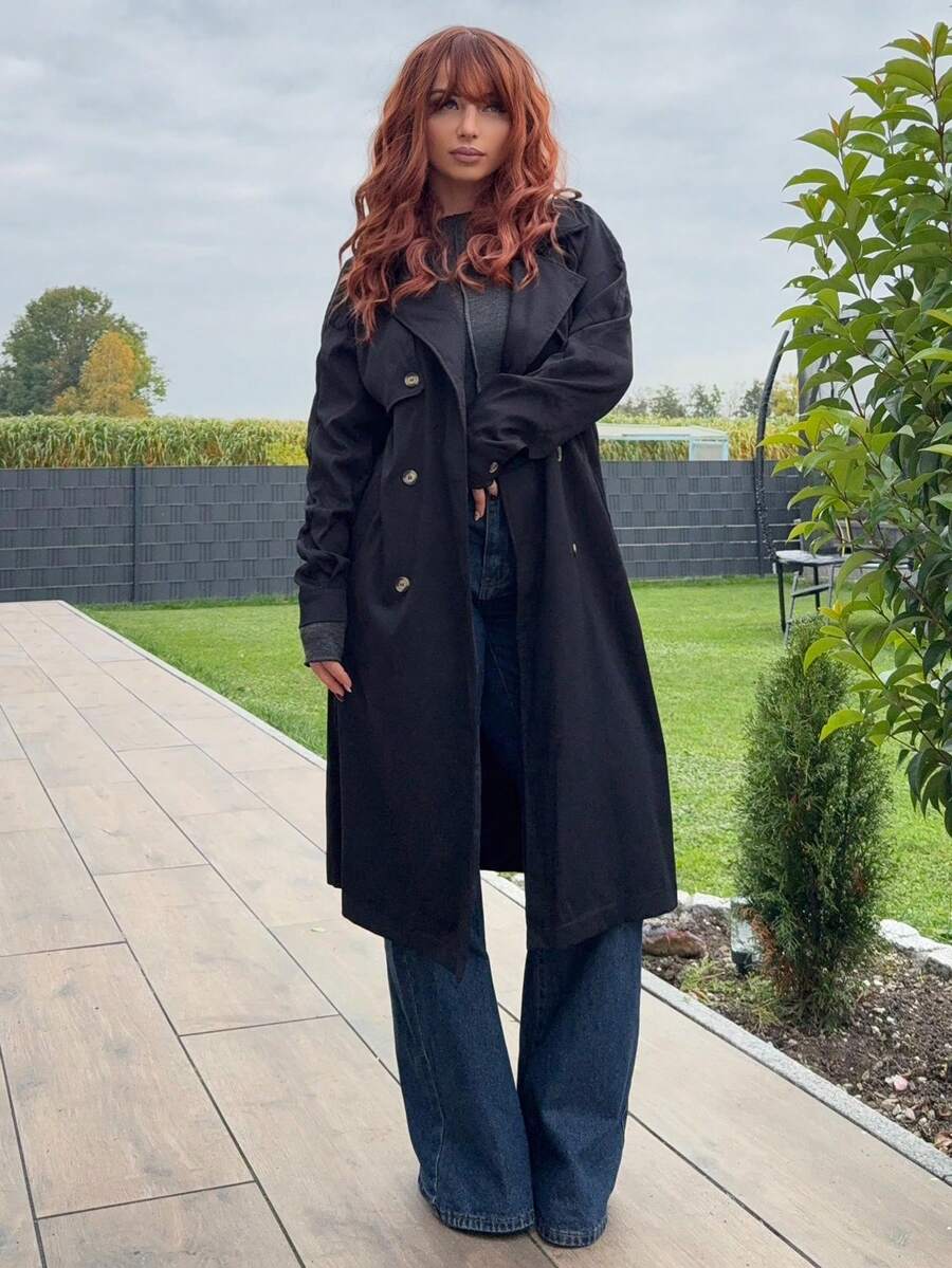 Jeta Ari 女士时尚休闲双排扣系带风衣 - 黑色 - 查看 1