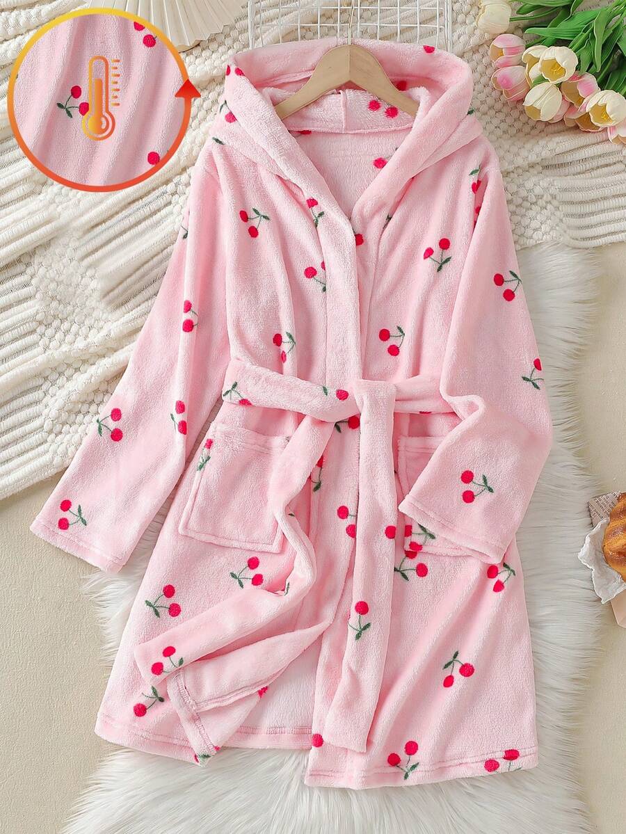 少女睡衣，粉色底红色樱桃印花长袖连帽睡袍，保暖舒适休闲家居服，流行可爱樱桃甜美风格，适合姐妹穿着 - 粉色 - 查看 1