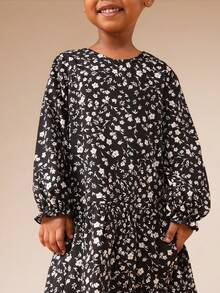 SUMWON Vestido de manga larga con estampado floral y cintura caída para niñas pequeñas, atuendo primaveral y de Pascua - Negro - Ver 5