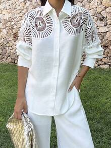 Ronhire Women's Solid Color Patchwork Lace Loose Shirt And Wide Leg Pants Set, Spring/Summer/Autumn - White - View 3