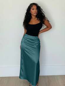 Alexandranx Women's Elegant Solid Color High Waist Skirt, Suitable For Commuting - Cadet Blue - View 4