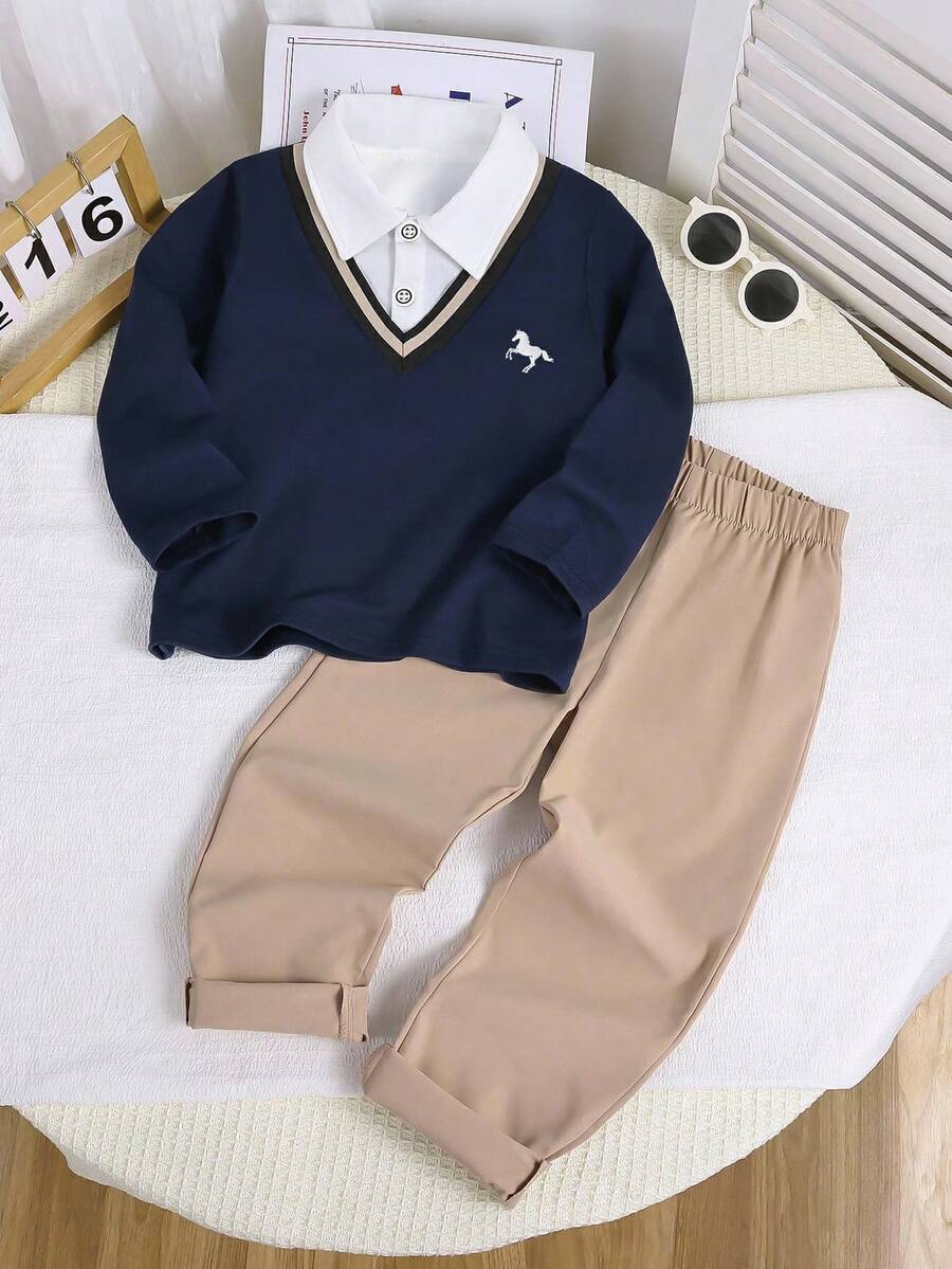 2pcs/Set Boys' Polo Shirt With Printed Top And Casual Loose Fit Pants, Spring/Autumn - Multicolor - View 1